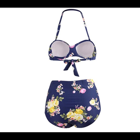 Flattering retro vintage style blue floral bikini 12-14 halter top high waist - Picture 4 of 8